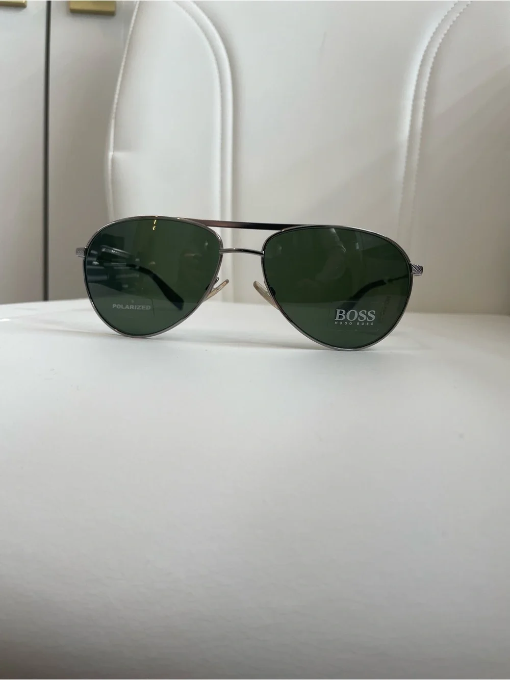 Boss Aviator Sunglasses with Dark Green Lenses and Silver Frame